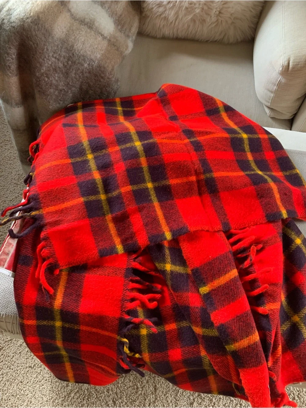 Vintage Faribo Plaid Red Stadium Blanket  and Vinyl Storage Carrier 56” x53”